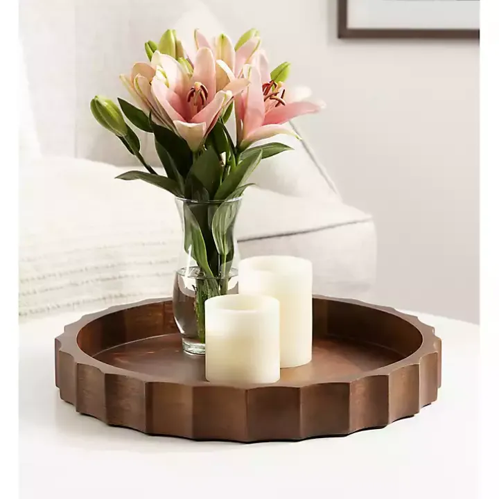 Walnut Brown Fluted Lissi Round Serving Tray