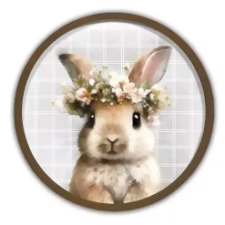 Watercolor Floral Bunny Round Framed Wall Print