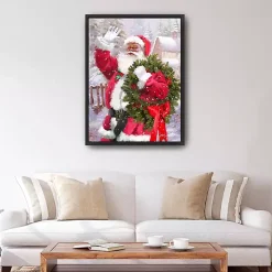 Waving Santa Wreath Framed Canvas Art Print