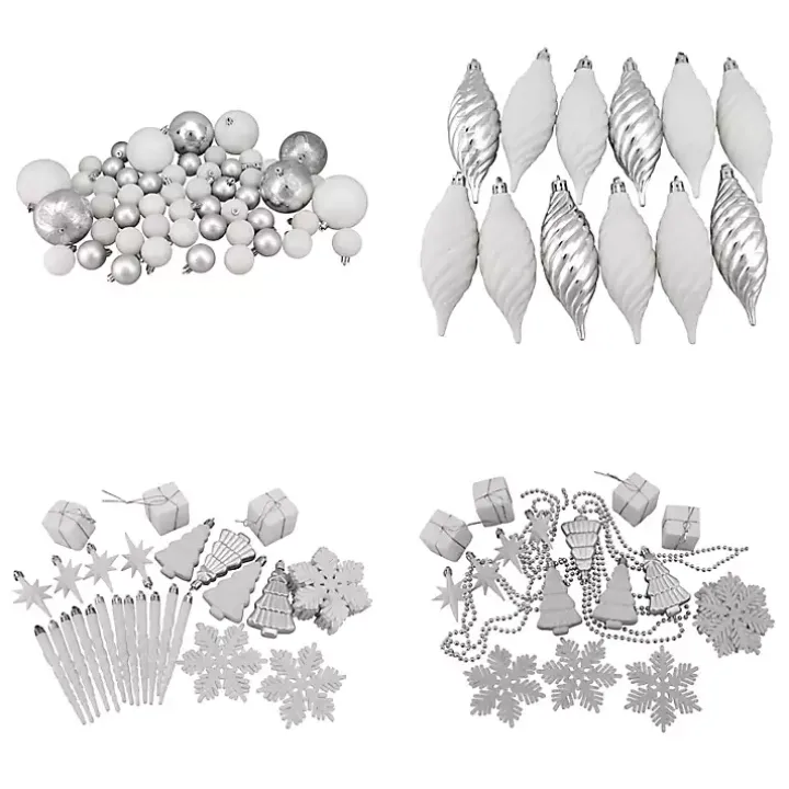 White & Silver Shatterproof Christmas Ornament Set