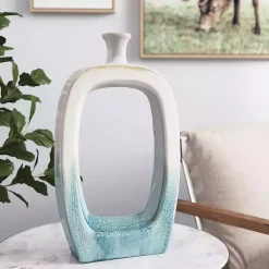 White & Turquoise Ceramic Cut-Out Vase, 18 in.