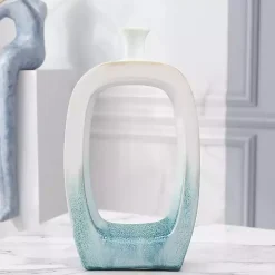 White & Turquoise Ceramic Cut-Out Vase, 18 in.