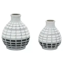 White and Black Checkered Ceramic Vases, Set of 2