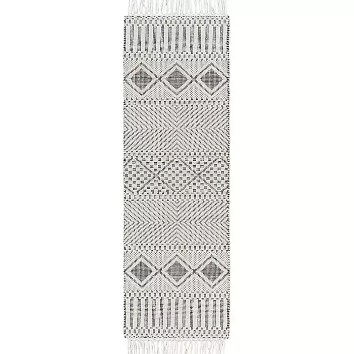 White and Black Diamond Tassel Wool Runner, 2x8