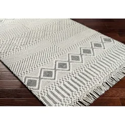 White and Black Diamond Tassel Wool Area Rug, 5x7