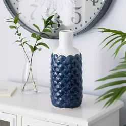 White and Blue Coastal Ceramic Vase, 13 in.