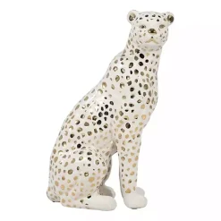 White and Gold Ceramic Sitting Leopard Statue