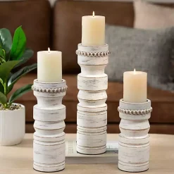 White Beaded Wood Pillar Candle Holder, 14 in.