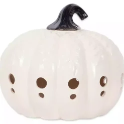 White Ceramic Leaf Pre-Lit Pumpkin Lantern
