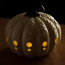 White Ceramic Leaf Pre-Lit Pumpkin Lantern