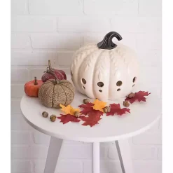 White Ceramic Leaf Pre-Lit Pumpkin Lantern