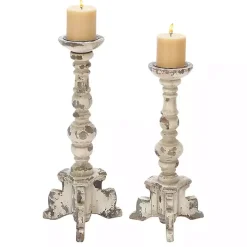 White Chipped Wood Pillar Candle Holders, Set of 2