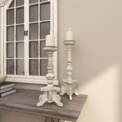 White Chipped Wood Pillar Candle Holders, Set of 2