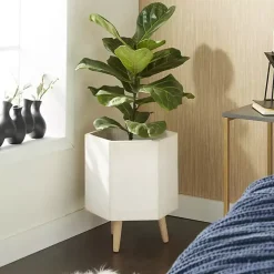 White Clay and Wood Hexagon Planters, Set of 2