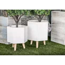 White Clay and Wood Hexagon Planters, Set of 2