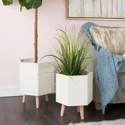 White Clay and Wood Hexagon Planters, Set of 2