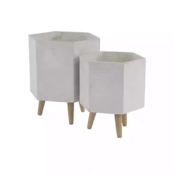 White Clay and Wood Hexagon Planters, Set of 2
