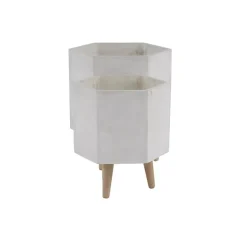 White Clay and Wood Hexagon Planters, Set of 2