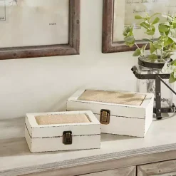 White Distressed Burlap Wooden Boxes, Set of 2