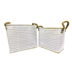 White Embossed Metal Bins, Set of 2