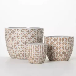 White Geometric Clay Planters, Set of 3