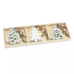 White Glitter Trees Christmas Ornaments, Set of 9