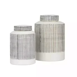 White Lined Ceramic Jars, Set of 2
