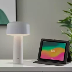 White Metal Dome Frosted Light Cordless Table Lamp