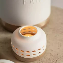 White Porcelain and Acacia Wood Lantern, 4 in.