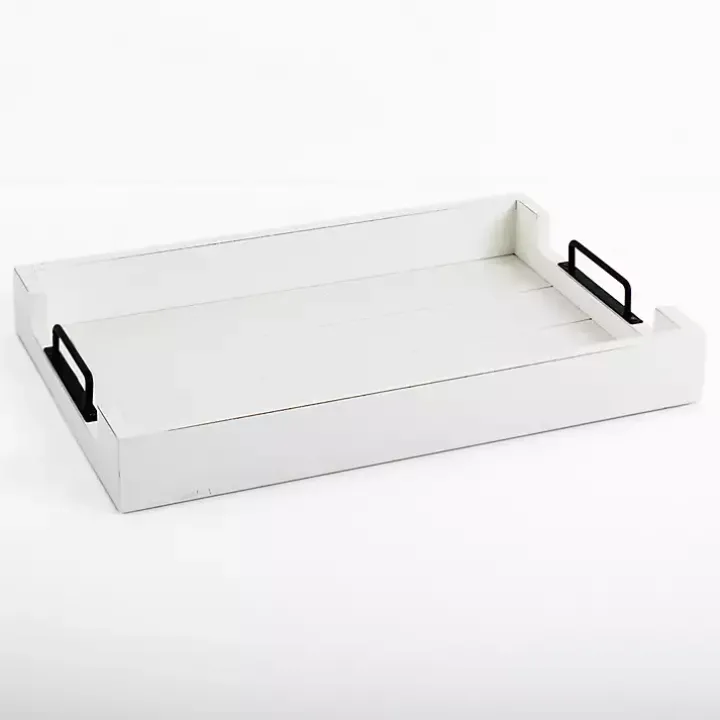 White Slatted Wood & Metal Handles Tray