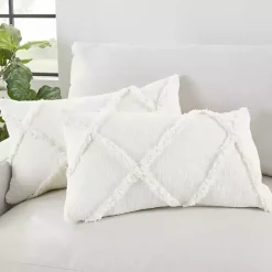 White Tufted Diamond Lumbar Pillows, Set of 2