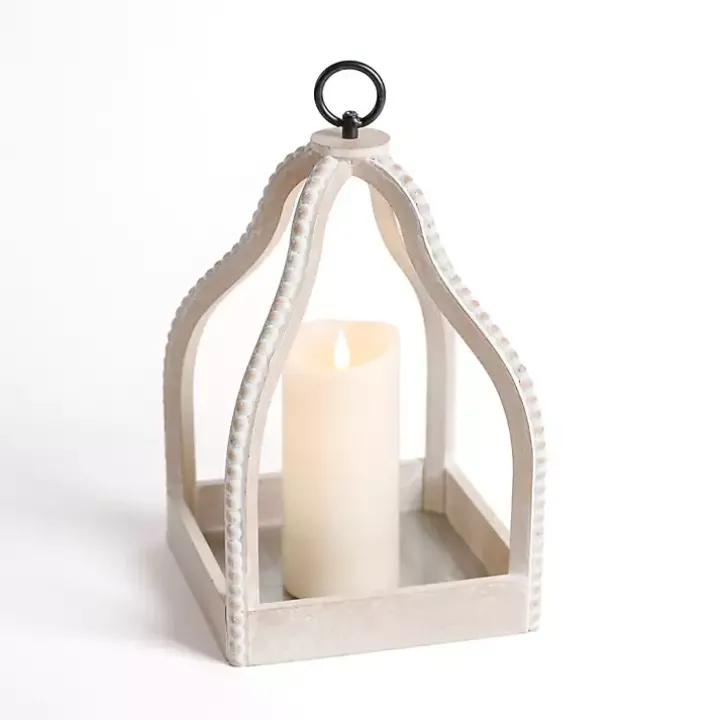 White Washed Beaded Open Lantern, 14 in.