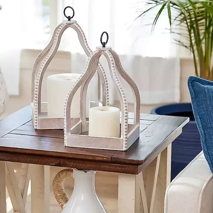 White Washed Beaded Open Lantern, 14 in.