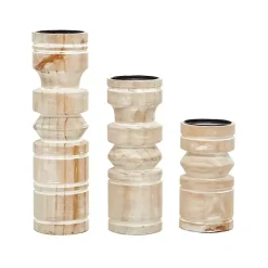 White Washed Wood Column Candle Holders, Set of 3