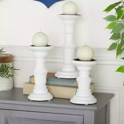 White Wood Column Pillar Candle Holders, Set of 3