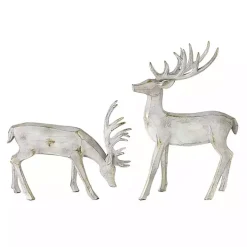 Whitewashed Carved Reindeer Figurines, Set of 2