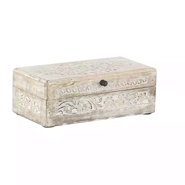 Whitewashed Floral Carved Wood Boxes, Set of 3