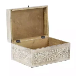 Whitewashed Floral Carved Wood Boxes, Set of 3