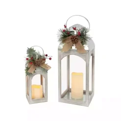 Whitewashed Winter Burlap LED Lanterns, Set of 2