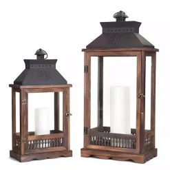Wood and Metal Brown Embossed Lanterns, Set of 2