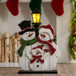 Wooden LED Light Post Snowman Family