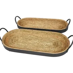 Woven Jute and Black Wood Trays, Set of 2