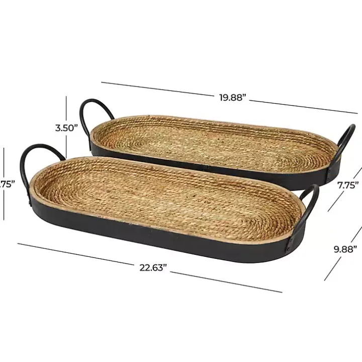 Woven Jute and Black Wood Trays, Set of 2